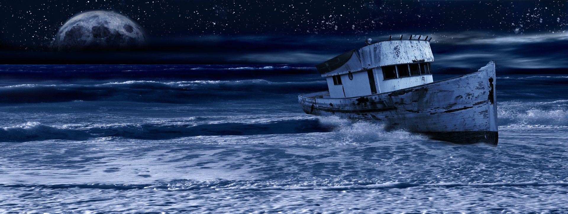 HD fantasy desktop wallpaper depicting an abandoned ship on a misty shoreline beneath a starry night sky, with a distant moon illuminating the scene.