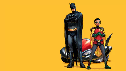 A vibrant HD wallpaper featuring Batman and Damian Wayne as Robin, showcasing their dynamic partnership from DC Comics’ Batman & Son. The background is a bright yellow with a classic Batmobile.