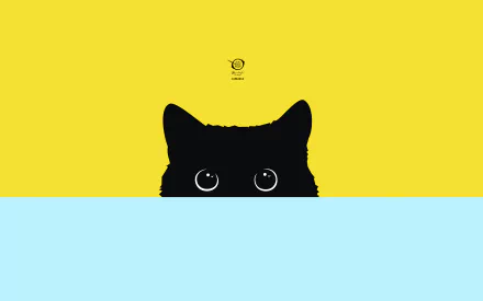 A minimalist, colorful HD desktop wallpaper featuring a vector image of a black cat peeking over a light blue surface with a bright yellow background.