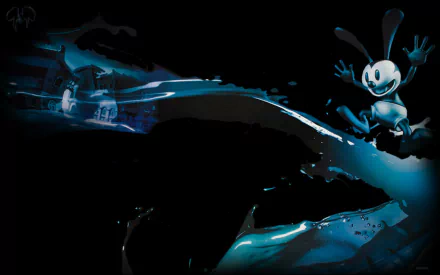 HD PC desktop wallpaper for the video game Epic Mickey 2: The Power of Two — Oswald the Lucky Rabbit leaping through blue paint splashes against a dark, ruined backdrop.