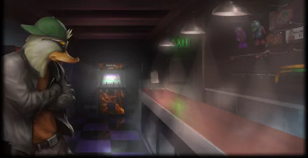 HD PC desktop wallpaper featuring a dark, atmospheric scene from the video game Duck Game with an anthropomorphic duck character in a dimly lit arcade setting.
