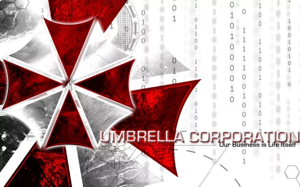 HD desktop wallpaper featuring the iconic Umbrella Corporation logo from the Resident Evil video game series, with the phrase Our Business is Life Itself set against a digital background.