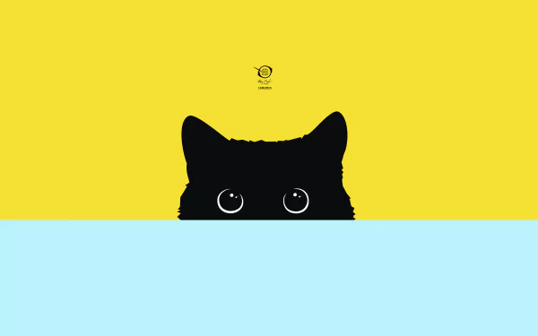 A minimalist, colorful HD desktop wallpaper featuring a vector image of a black cat peeking over a light blue surface with a bright yellow background.