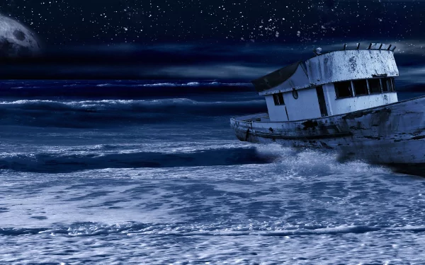 HD fantasy desktop wallpaper depicting an abandoned ship on a misty shoreline beneath a starry night sky, with a distant moon illuminating the scene.