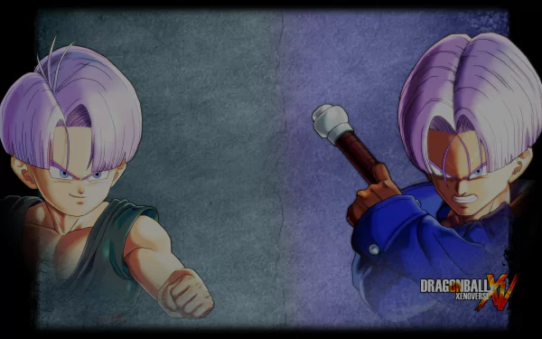 HD PC desktop wallpaper from video game Dragon Ball Xenoverse: dual Trunks portraits on a split textured background — left with clenched fist, right gripping sword, game logo at lower right.