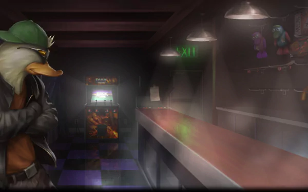 HD PC desktop wallpaper featuring a dark, atmospheric scene from the video game Duck Game with an anthropomorphic duck character in a dimly lit arcade setting.
