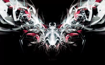 Abstract CGI depiction of an insect with symmetrical design, featuring glowing white and red elements on a dark background. HD desktop wallpaper and background.