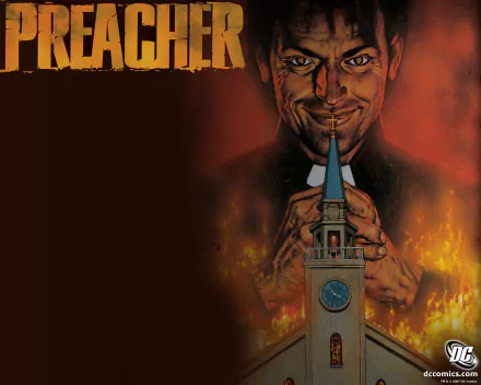HD PC desktop wallpaper featuring a dark, intense comic-style preacher holding a church steeple, set against a fiery background.