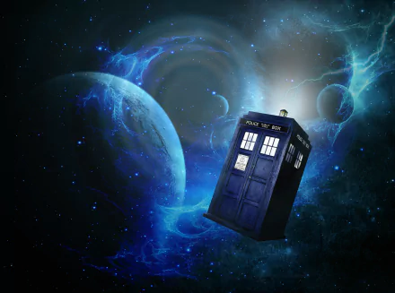 A stunning HD desktop wallpaper featuring the iconic TARDIS from the TV show Doctor Who (2005), set against a backdrop of swirling galaxies and planets.