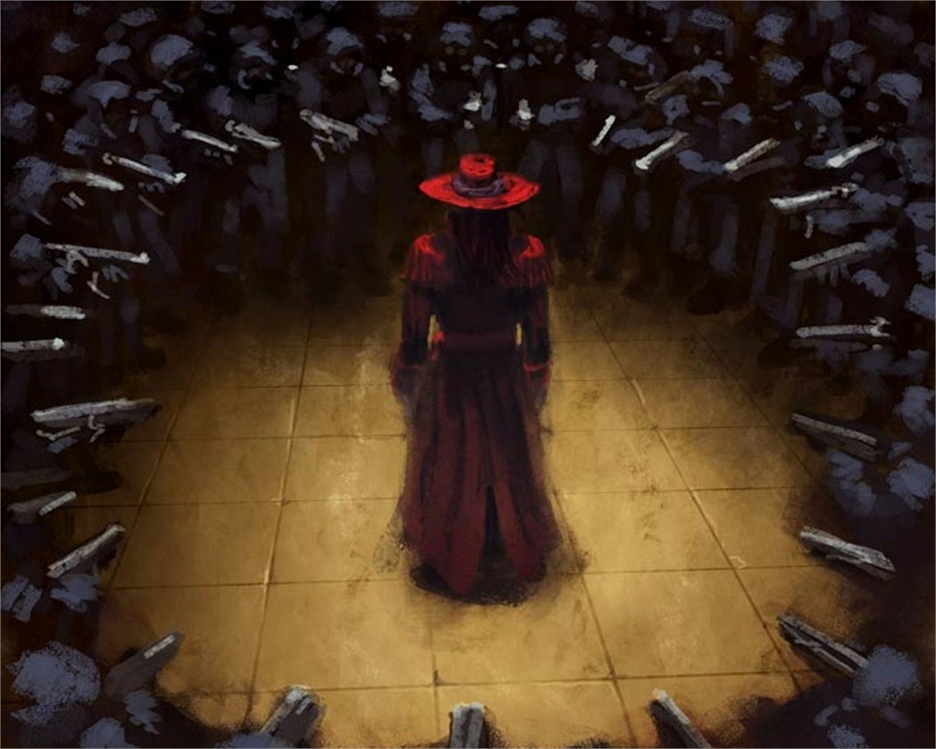 Anime-inspired HD wallpaper featuring a character from Hellsing, standing confidently in a circle of armed figures, exuding a dramatic and intense atmosphere.