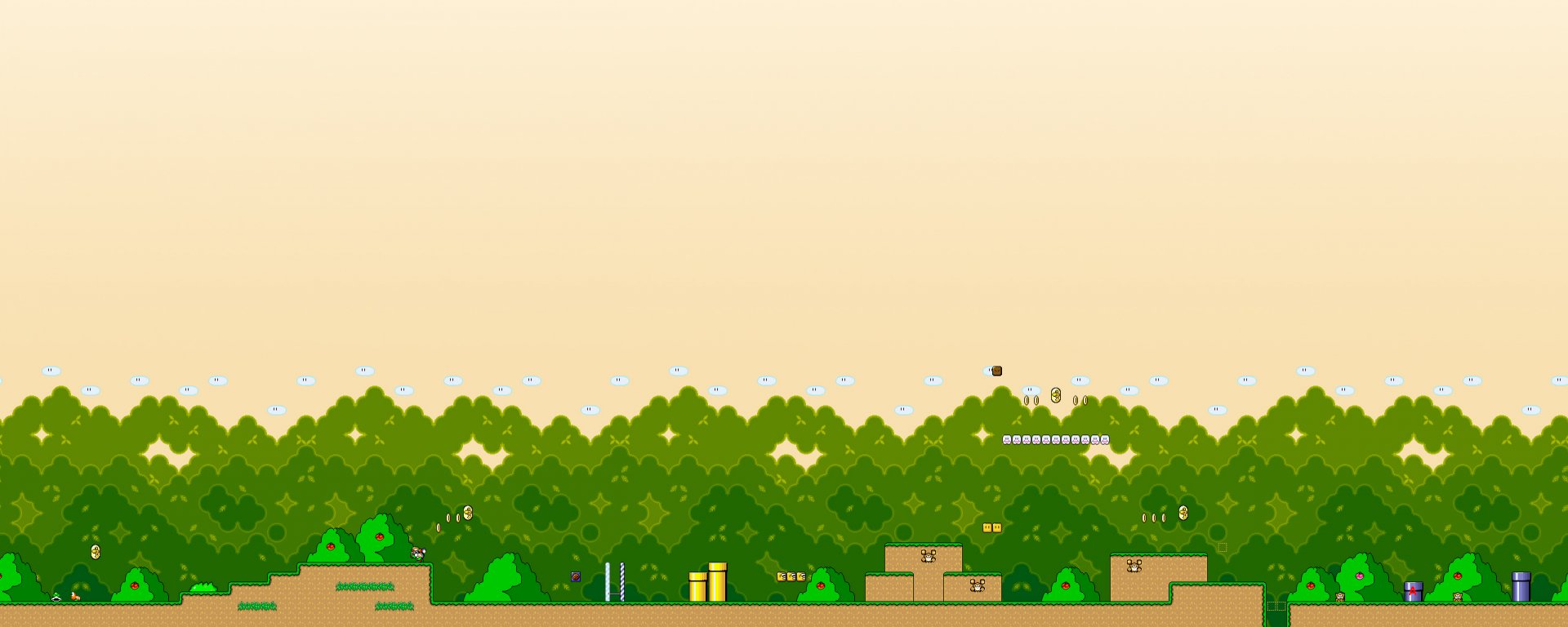 HD PC desktop wallpaper showing a Mario video game side-scrolling landscape: pale sky, layered green treetops, pipes, question blocks and blocky platforms.