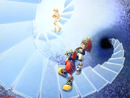 A high-definition Kingdom Hearts: Chain of Memories desktop wallpaper featuring Sora holding a Keyblade and Naminé at the top of a spiral staircase.