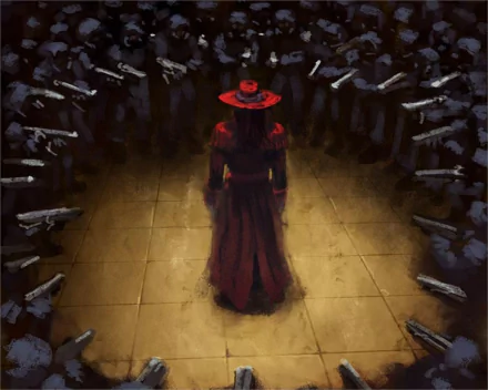 Anime-inspired HD wallpaper featuring a character from Hellsing, standing confidently in a circle of armed figures, exuding a dramatic and intense atmosphere.