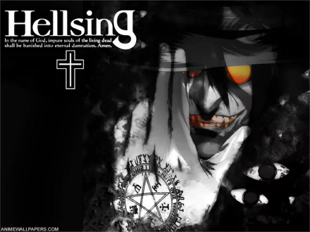 HD PC desktop wallpaper featuring a dark, intense anime scene from Hellsing with a sinister character partially obscured by shadows and symbolic markings.