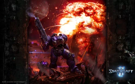 StarCraft game HD wallpaper featuring a Terran marine in combat with explosion background