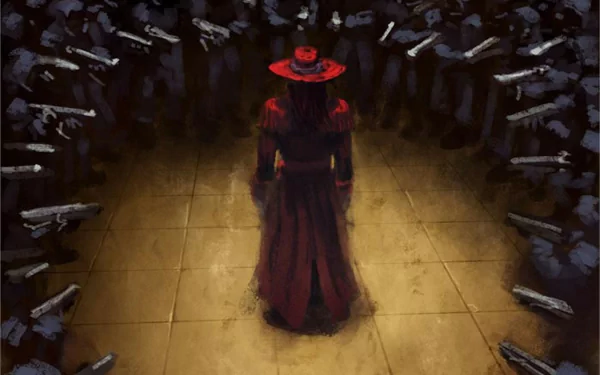 Anime-inspired HD wallpaper featuring a character from Hellsing, standing confidently in a circle of armed figures, exuding a dramatic and intense atmosphere.