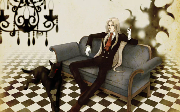 HD PC desktop wallpaper and background — anime Hellsing: a long-haired blonde in a dark suit lounges on a blue sofa, a black dog at his feet on a black-and-white checkered floor.