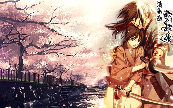Anime samurai from Hakuouki Shinsengumi Kitan embrace under blooming sakura trees, with tears and katana, set against a serene riverside backdrop in HD wallpaper style.