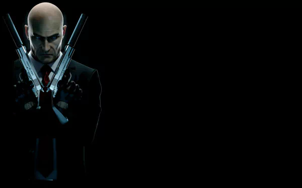 HD PC desktop wallpaper of Agent 47 from Hitman: Absolution — bald, suit-and-tie assassin holding two pistols against a black backdrop.