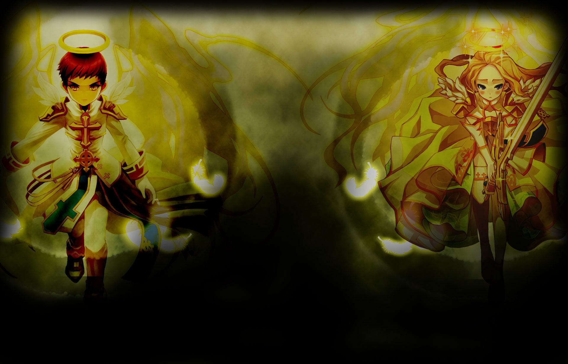 HD PC desktop wallpaper/background for the video game Lost Saga North America: two glowing, haloed characters face each other amid smoky gold light.