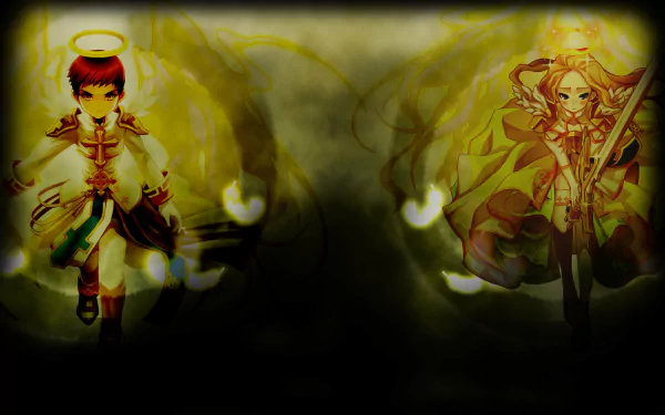 HD PC desktop wallpaper/background for the video game Lost Saga North America: two glowing, haloed characters face each other amid smoky gold light.