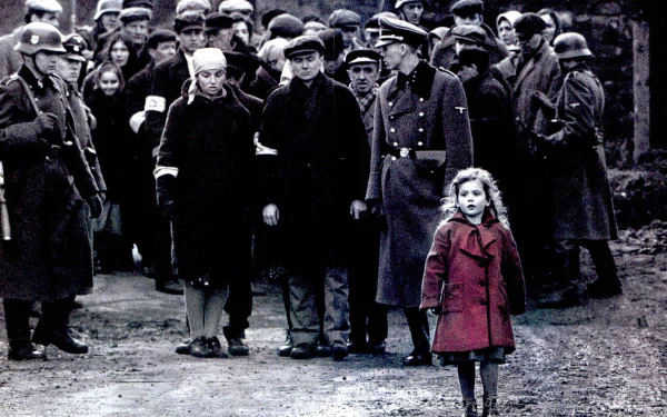 HD PC desktop wallpaper from the movie Schindler's List featuring a group of people with a young girl in a red coat standing in the foreground.