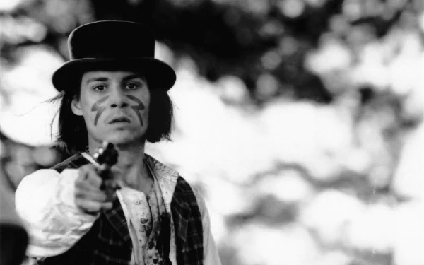 Black-and-white 2K Quad HD PC wallpaper/background: a man in a period hat and face paint points a pistol, cinematic scene from the movie Dead Man.