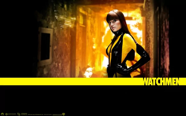 A dynamic HD wallpaper featuring Silk Spectre from the movie Watchmen, set against a vivid, stylized background that captures the film's unique aesthetic.