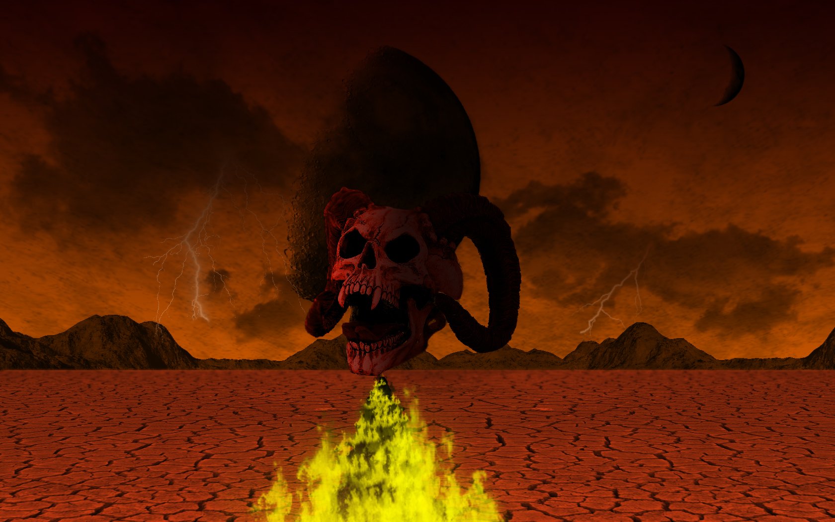 A striking HD desktop wallpaper featuring a dark skull emerging from a fiery landscape, set against a dramatic red and black sky, creating an intense and eerie atmosphere.