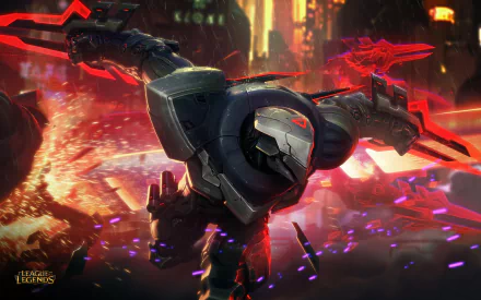 HD desktop wallpaper of Zed from League of Legends, depicting a dynamic scene filled with vibrant red energy and cityscape, tagged with Ionia and Zed from the video game.