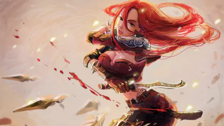 Katarina from League of Legends showcases her fierce red hair and wielded dagger, set against a dynamic background, making an striking HD desktop wallpaper.