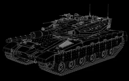 HD PC desktop wallpaper: wireframe illustration of a Merkava main battle tank on a black background, military-themed.