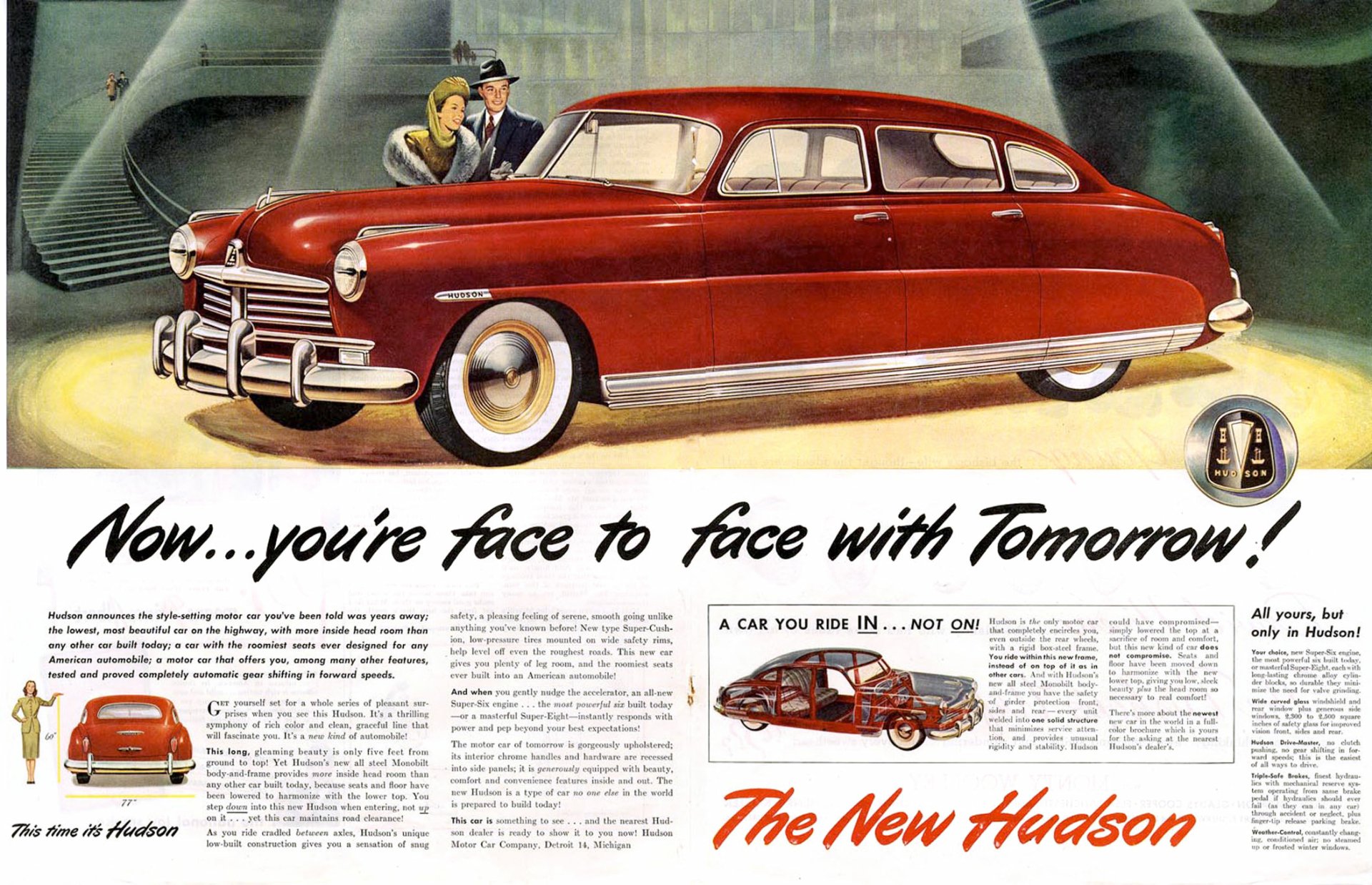 Retro HD PC desktop wallpaper of a red Hudson sedan vehicle with a couple in a vintage ad layout, featuring the bold The New Hudson headline.