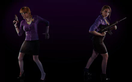 A dynamic HD desktop wallpaper featuring characters from Saints Row IV, showcasing two powerful female figures in stylish outfits, set against a dark purple background.