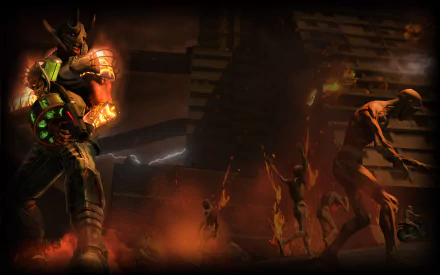 HD PC desktop wallpaper from the video game Saints Row: Gat Out Of Hell, featuring a fiery demon warrior and hellish creatures in a dark, infernal setting.