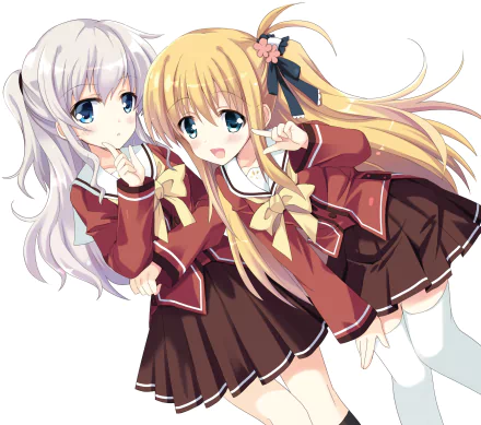 Anime wallpaper featuring Yusa Nishimori and Nao Tomori from Charlotte. They have blonde and white hair respectively, blue eyes, and are wearing thigh highs, skirts, and bows, smiling with a blush.