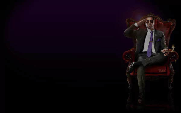 A character from Saints Row IV confidently sits in a lavish red chair against a purple backdrop, exuding a powerful presence in this HD PC desktop wallpaper.