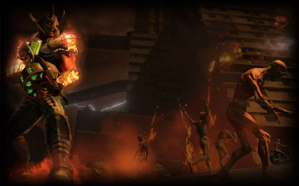 HD PC desktop wallpaper from the video game Saints Row: Gat Out Of Hell, featuring a fiery demon warrior and hellish creatures in a dark, infernal setting.