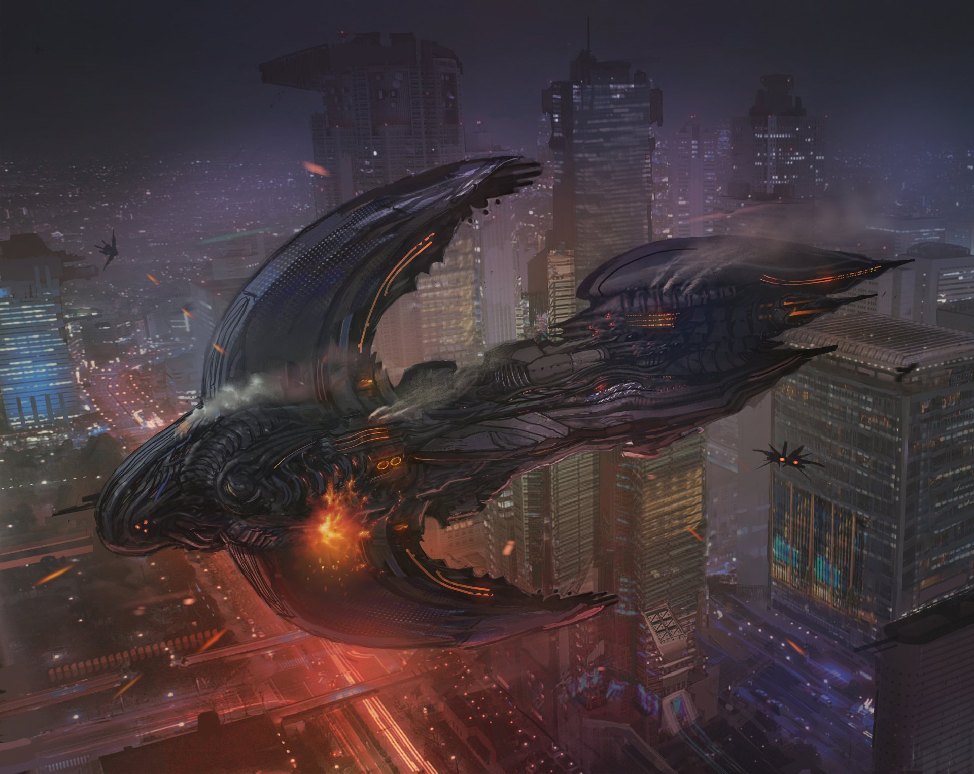 A sleek, futuristic spaceship hovers over a glowing cityscape at night in this detailed 4K Ultra HD sci-fi PC desktop wallpaper.