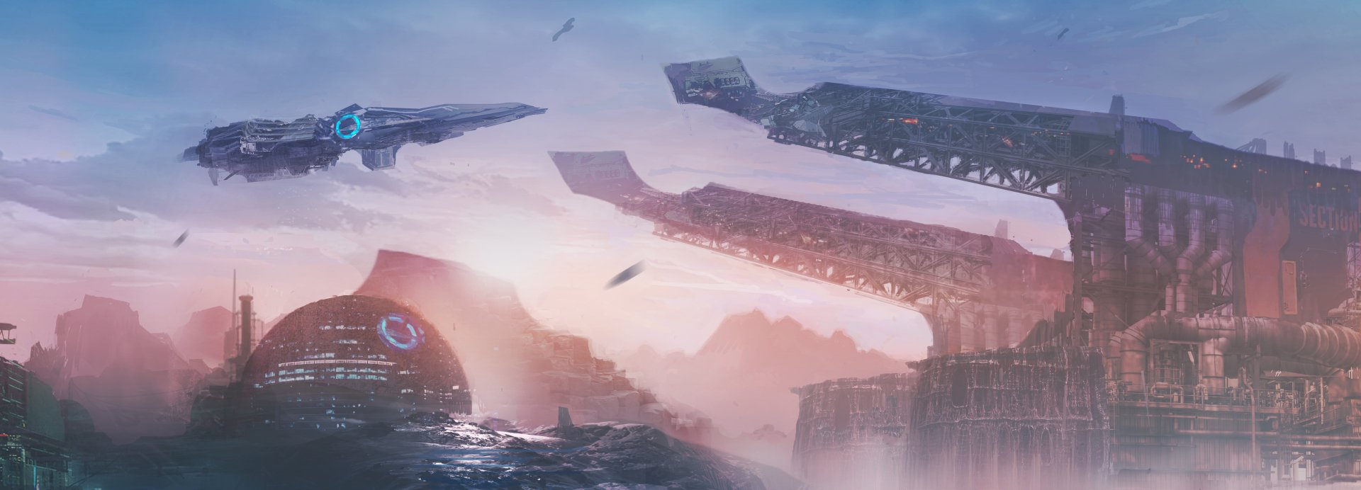 Sci-fi spaceship arches over a misty alien city of massive bridges and glowing engines — 2K Quad HD PC desktop wallpaper/background with soft pink-blue dawn light.