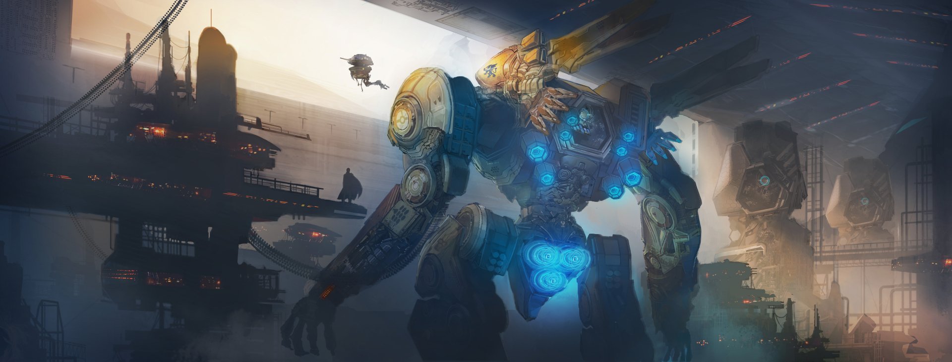 5K Ultra HD sci‑fi PC desktop wallpaper: towering armored robot with glowing blue cores advances through a hazy futuristic harbor while a small drone hovers overhead.