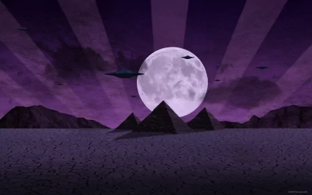 A stunning sci-fi desktop wallpaper featuring a large moon, alien ships, and pyramids under a vibrant purple sky with rays, creating an otherworldly atmosphere.