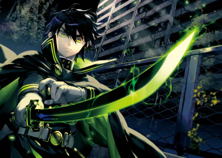 HD wallpaper featuring Yūichirō Hyakuya from Seraph of the End anime, wielding a glowing green sword against a dynamic, dark background.