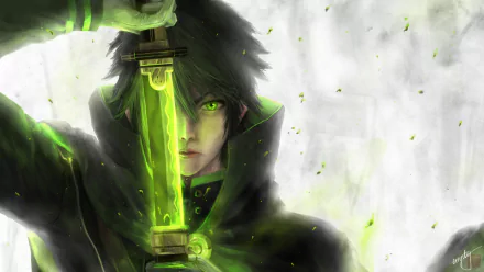 HD desktop wallpaper featuring Yūichirō Hyakuya from Seraph of the End, with black hair and green eyes, holding a glowing katana. Anime-style image.