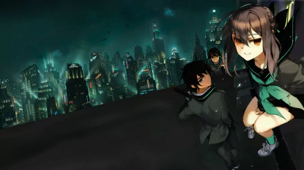 A vibrant HD wallpaper featuring Yoichi Saotome, Yūichirō Hyakuya, and Shinoa Hīragi from the anime Seraph of the End, set against a dramatic cityscape at night.