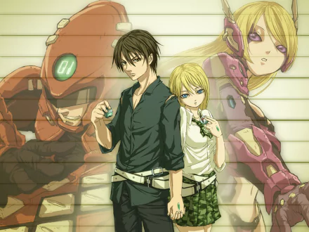 A dynamic HD wallpaper featuring Himiko and Ryōta Sakamoto from the anime Btooom!, set against a backdrop of action and intrigue.