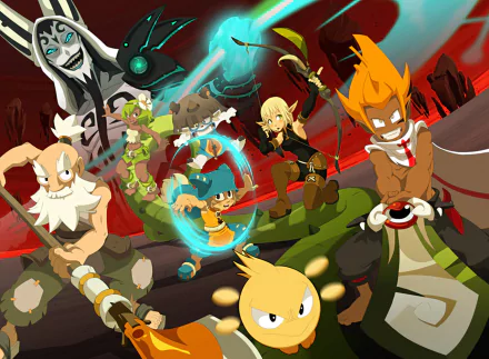 An HD desktop wallpaper featuring characters from Wakfu, including Yugo, Amalia, Ruel Stroud, and others, set against a vibrant, dynamic background.
