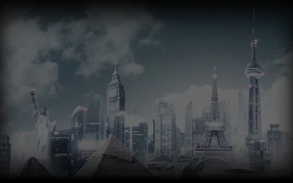 HD PC desktop wallpaper featuring a skyline of iconic global landmarks, inspired by the video game Sid Meier's Civilization V.