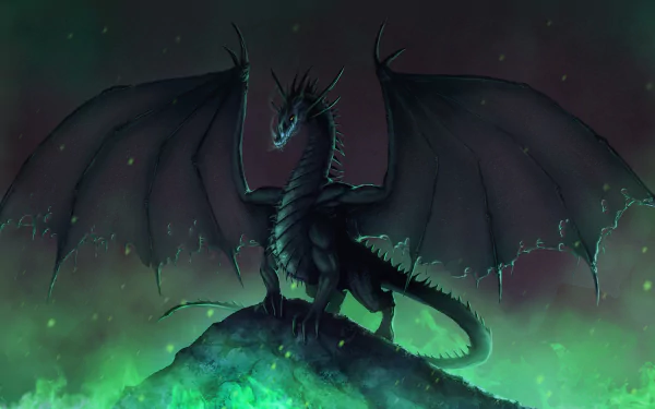 A majestic black dragon with outstretched wings stands atop a mystical green landscape, evoking a sense of fantasy in this stunning 4K Ultra HD wallpaper.