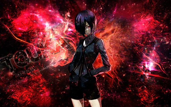 Anime character Touka Kirishima from Tokyo Ghoul with purple short hair and red eyes, wearing shorts, stands against a dynamic, colorful background with her kagune visible. HD desktop wallpaper.
